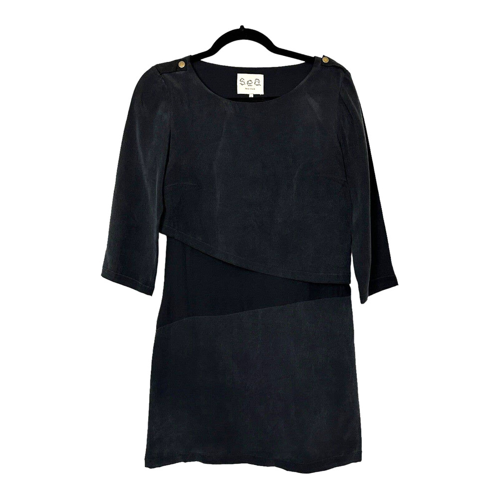 Sea New York Womens 100% Cotton Shift Dress 3/4 Sleeve Black Scoop Neck Size 0